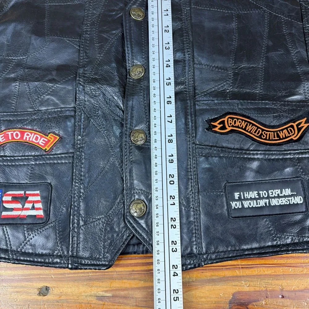 DIAMOND PLATE BUFFALO LEATHER BLACK BUTTON UP BIKER VEST WITH PATCHES XL